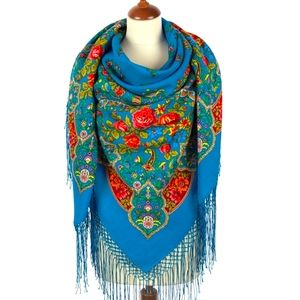 NWT🌹Russian Pavlovo Posad Shawl 100% Wool fabric with silk fringe